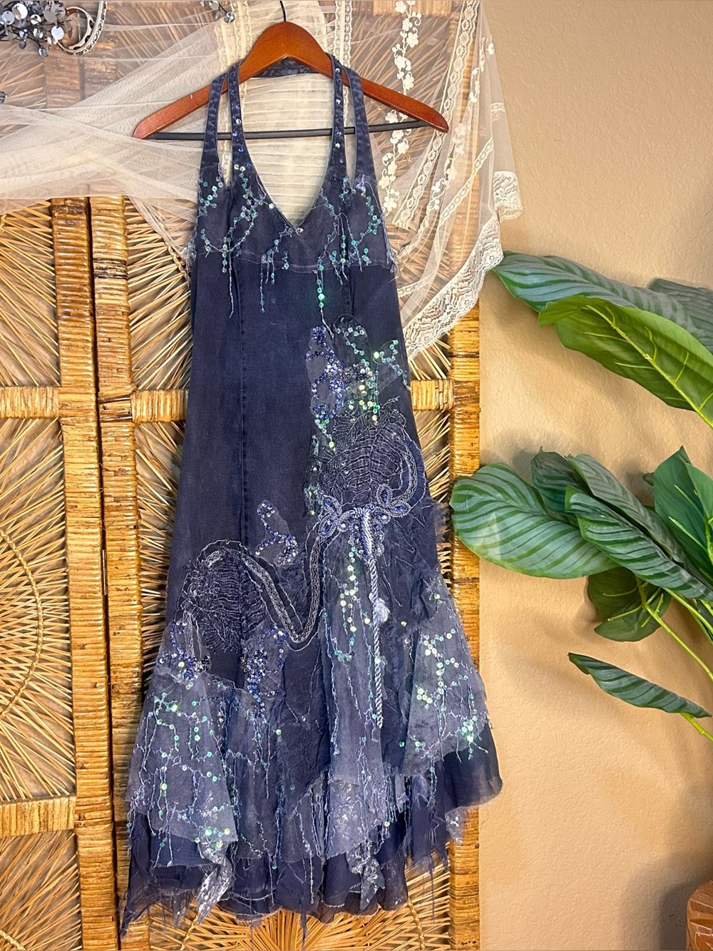 Y2K fairy Lacey blue halter dress size medium